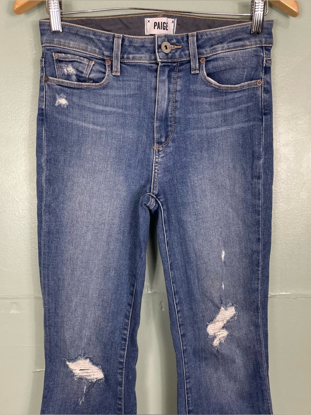 Paige High Rise Bell Canyon Jeans Flare Denim Blue Women Sz 27 Distressed - Picture 2 of 9